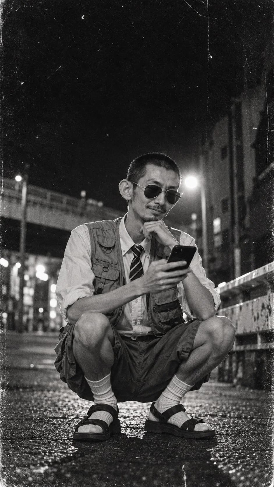 サングラスと個性的な服装でスマホを眺める男性。古い写真のようなモノクロ表現。